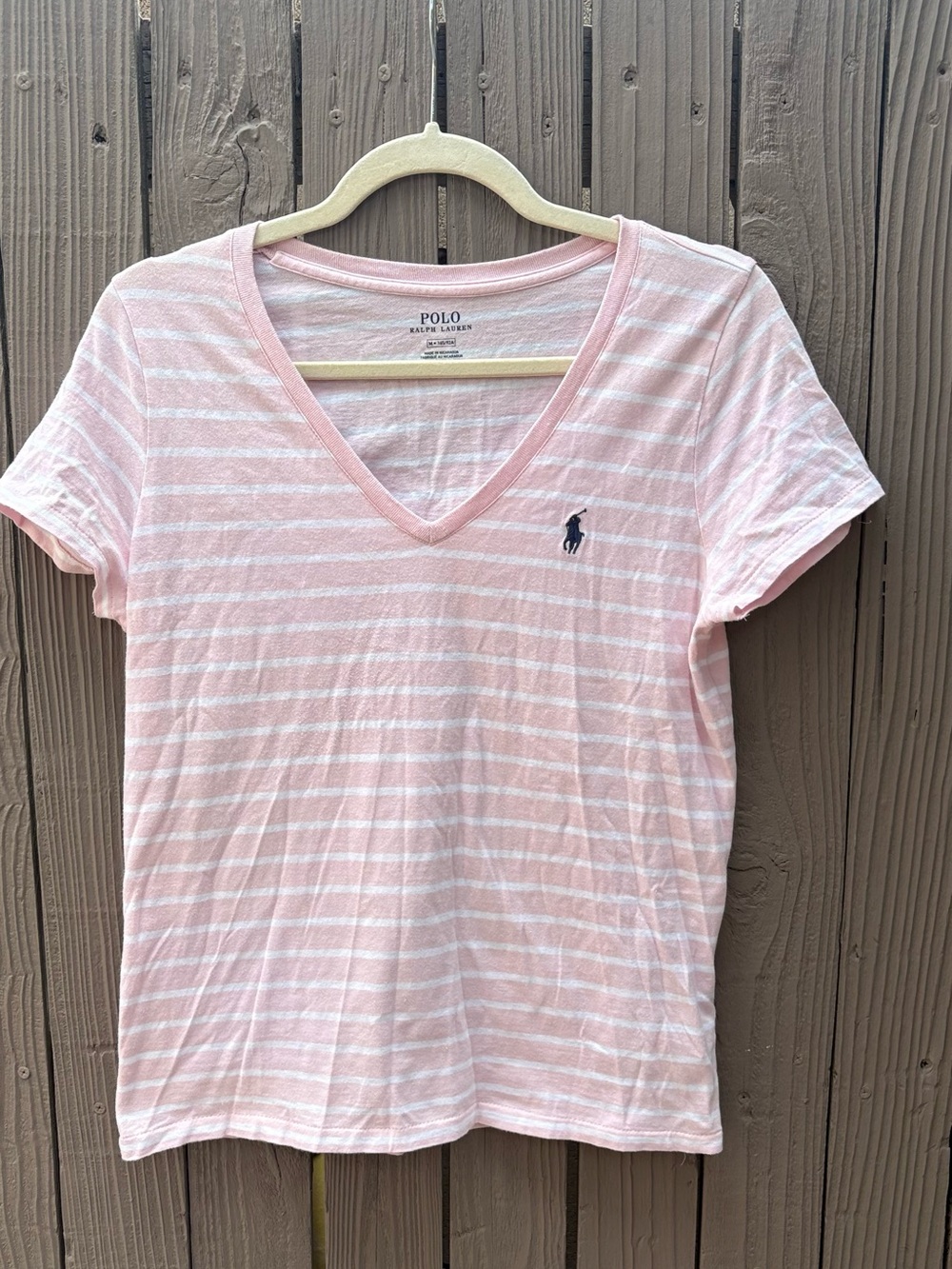 Polo by Ralph Lauren Pink and White Striped V-Neck Tee